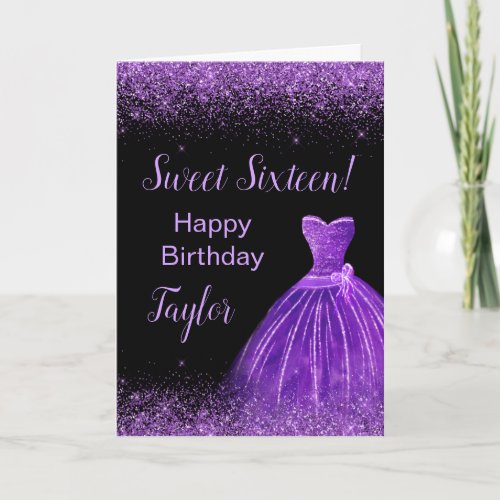 Dark Purple Dress Faux Glitter Sweet 16 Birthday Card