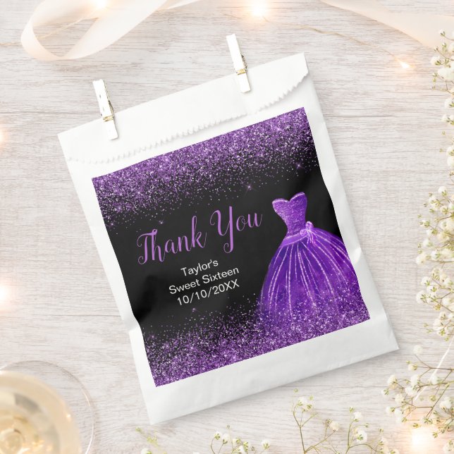 Dark Purple Dress Faux Glitter Sweet 16 Birthday Favor Bag (Clipped)
