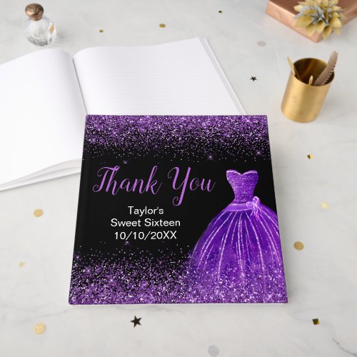 Dark Purple Dress Faux Glitter Sweet 16 Birthday Guest Book