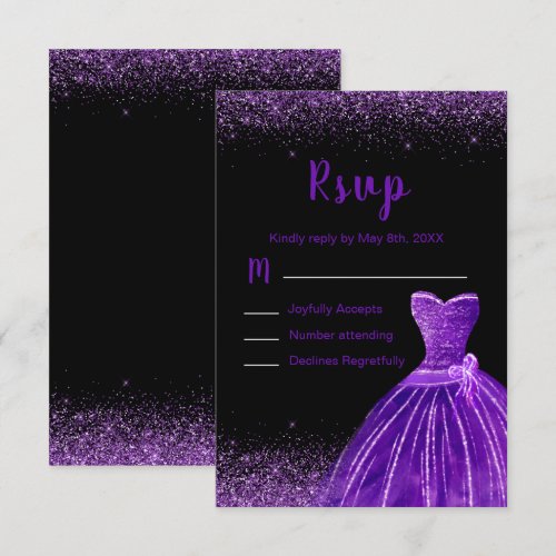 Dark Purple Dress Faux Glitter Sweet 16 Birthday RSVP Card