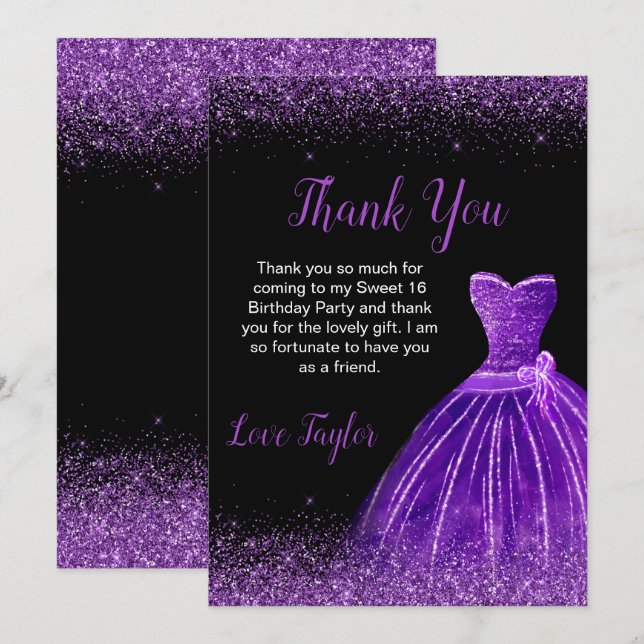 Dark Purple Dress Faux Glitter Sweet 16 Birthday Thank You Card (Front/Back)