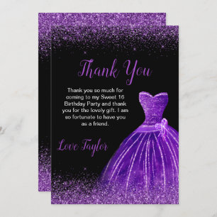 Dark Purple Dress Faux Glitter Sweet 16 Birthday Thank You Card