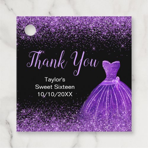 Dark Purple Dress Faux Glitter Sweet 16 Thank You Favor Tags