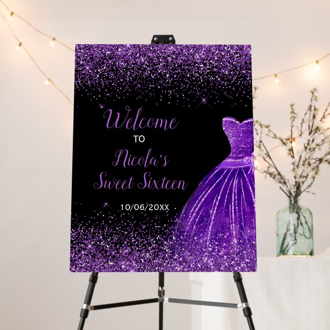 Dark Purple Dress Faux Glitter Sweet 16 Welcome Foam Board (In Situ (Stand))