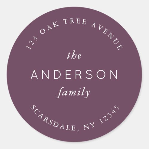 Dark Purple Family Name Return Address Classic Round Sticker