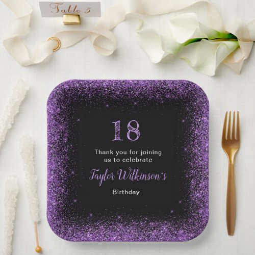 Dark Purple Faux Glitter Birthday Party Paper Plates