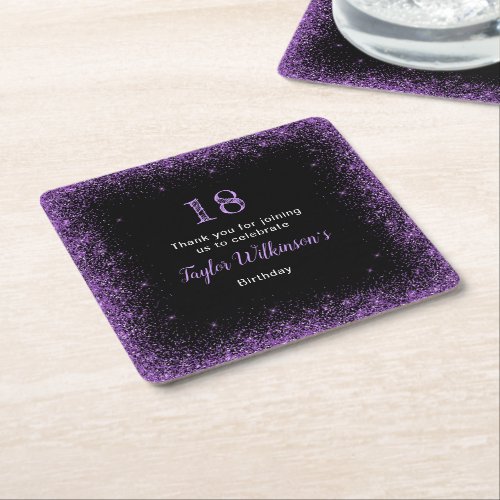 Dark Purple Faux Glitter Birthday Party Square Paper Coaster