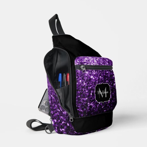 Dark purple faux glitter sparkles Black Monogram Sling Bag