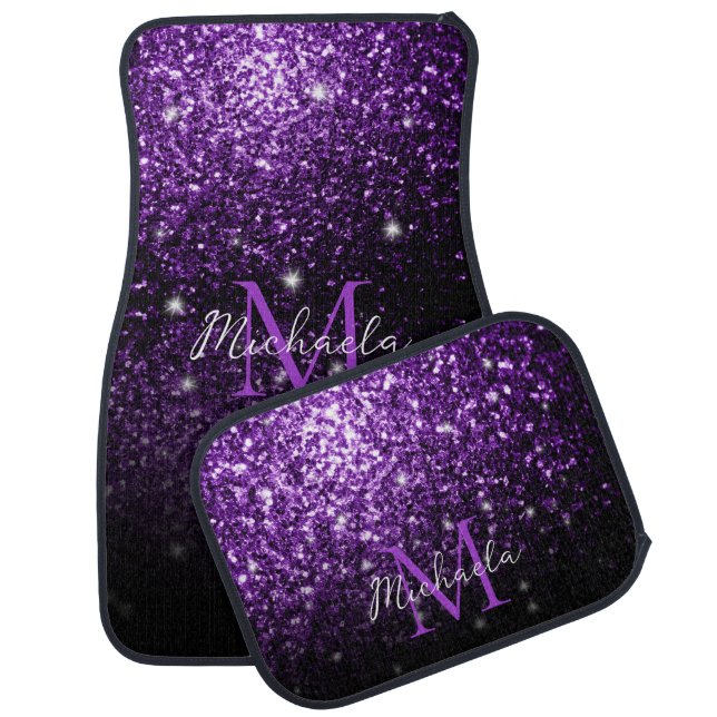 Dark Purple faux glitter sparkles bling Monogram Car Floor Mat (Set)