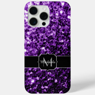 Dark purple faux glitter sparkles bling Monogram iPhone 15 Pro Max Case