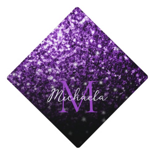 Dark Purple faux glitter sparkles bling Monogram Graduation Cap Topper