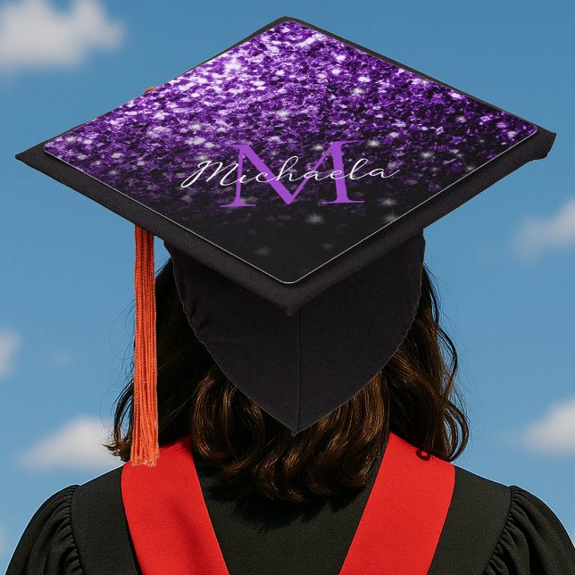Dark Purple faux glitter sparkles bling Monogram Graduation Cap Topper (Creator Uploaded)