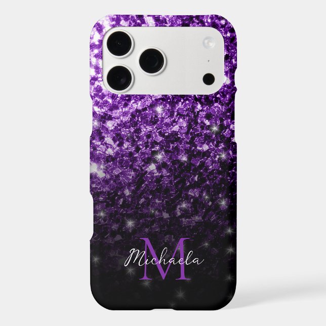Dark Purple faux glitter sparkles bling Monogram iPhone Case (Back)