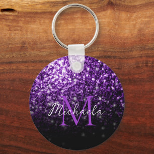 Dark Purple faux glitter sparkles bling Monogram Keychain
