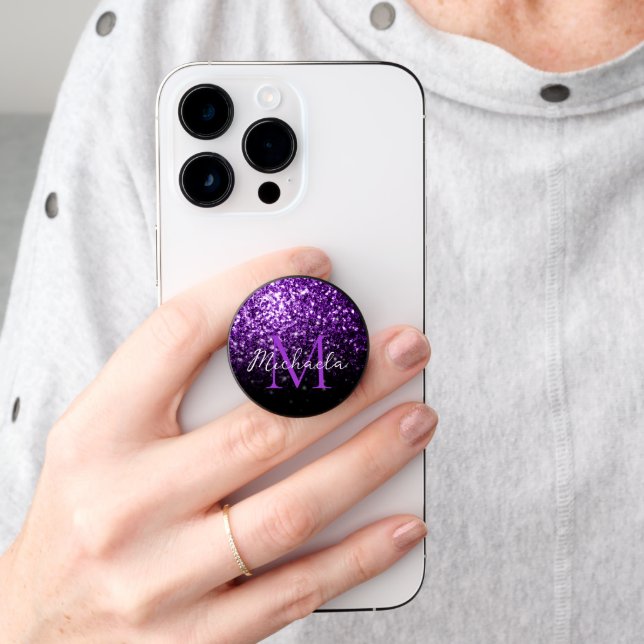 Dark Purple faux glitter sparkles bling Monogram PopSocket (Hand)