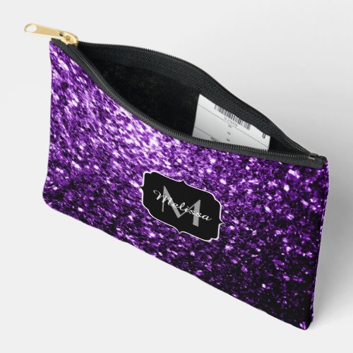Dark purple faux glitter sparkles Monogram Accessory Pouch