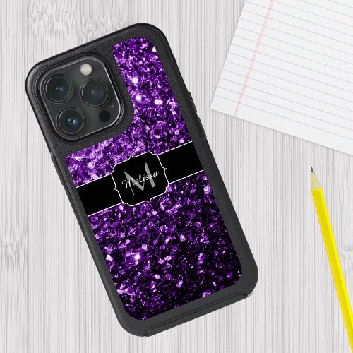 Dark Purple faux glitter sparkles Monogram iPhone 15 Pro Max Case