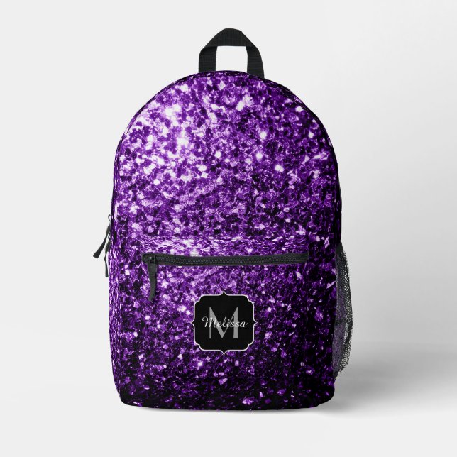 Dark purple faux glitter sparkles Monogram Printed Backpack (Front)