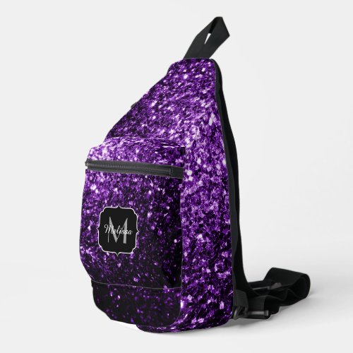 Dark purple faux glitter sparkles Monogram Sling Bag