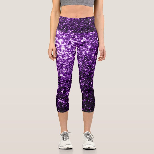 Dark Purple faux shiny glitter sparkles Capri Leggings (Front)