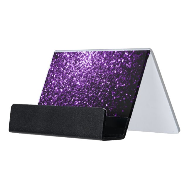 Dark Purple faux shiny glitter sparkles Desk Business Card Holder (Angled Front)