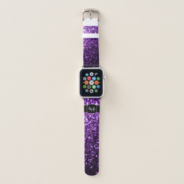 Dark Purple faux shiny glitter sparkles Monogram Apple Watch Band (Front)