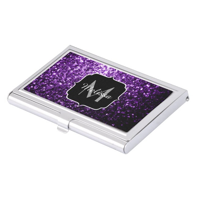 Dark Purple faux shiny glitter sparkles Monogram Business Card Case (Front)