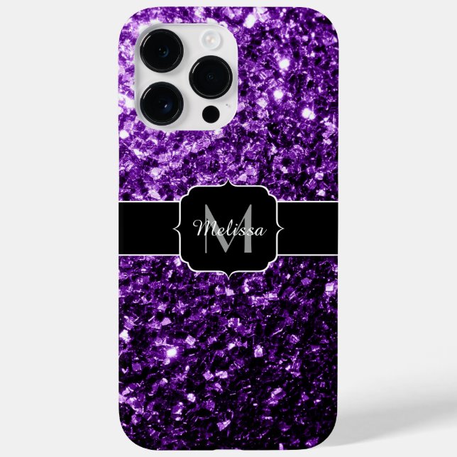 Dark Purple faux shiny glitter sparkles Monogram Case-Mate iPhone Case (Back)