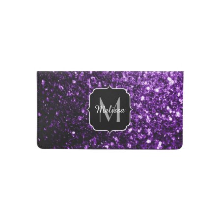Dark Purple Faux Shiny Glitter Sparkles Monogram Checkbook Cover