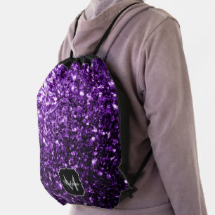 Dark Purple faux shiny glitter sparkles Monogram Drawstring Bag