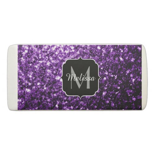 Dark Purple faux shiny glitter sparkles Monogram Eraser