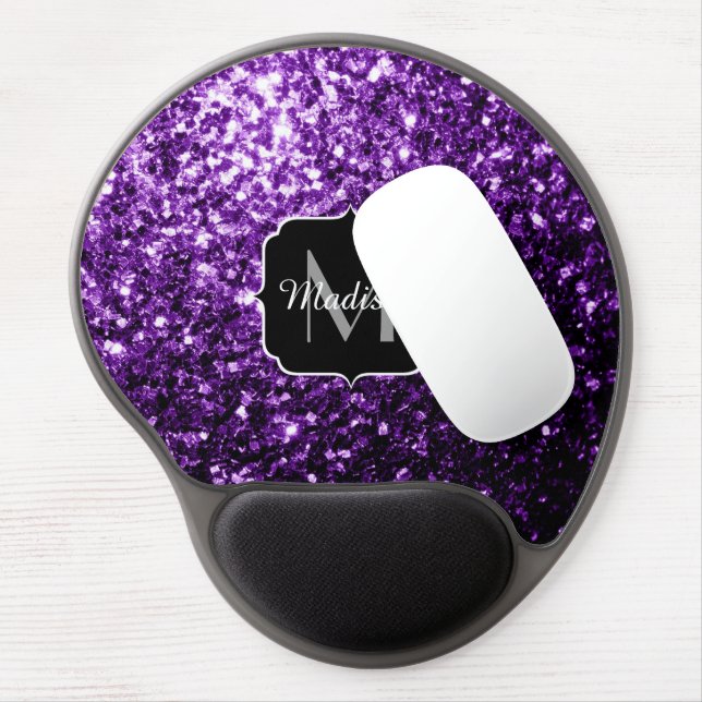 Dark Purple faux shiny glitter sparkles Monogram Gel Mouse Pad (Left Side)