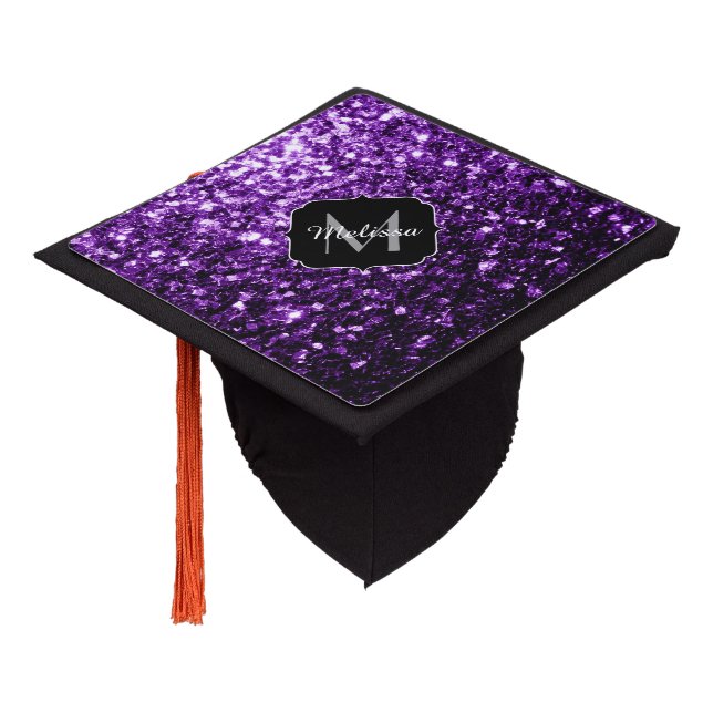 Dark Purple faux shiny glitter sparkles Monogram Graduation Cap Topper (Angled)