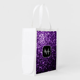 Dark Purple faux shiny glitter sparkles Monogram Grocery Bag