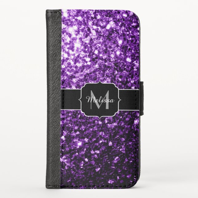 Dark Purple faux shiny glitter sparkles Monogram iPhone Wallet Case (Front)