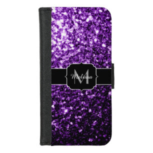 Dark Purple faux shiny glitter sparkles Monogram iPhone 8/7 Wallet Case