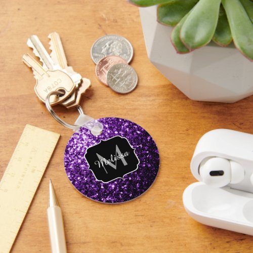 Dark Purple faux shiny glitter sparkles Monogram Keychain