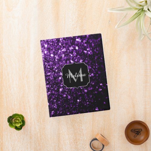 Dark Purple faux shiny glitter sparkles Monogram Mini Binder