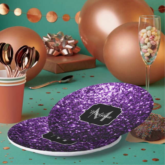 Dark Purple faux shiny glitter sparkles Monogram Paper Plates (Multi)