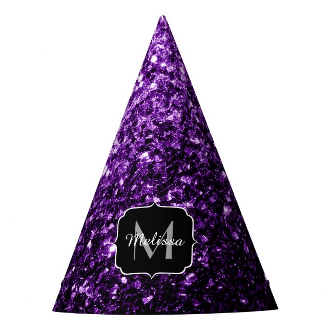 Dark Purple faux shiny glitter sparkles Monogram Party Hat (Front)