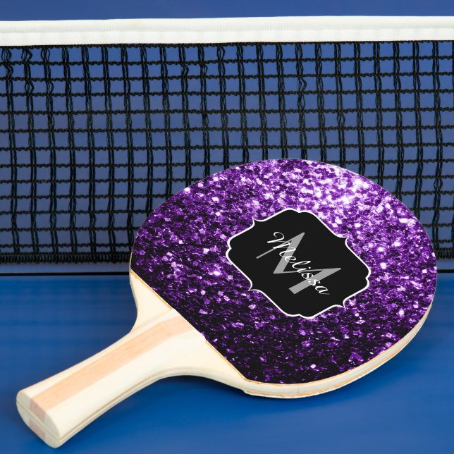 Dark Purple faux shiny glitter sparkles Monogram Ping Pong Paddle (Insitu)