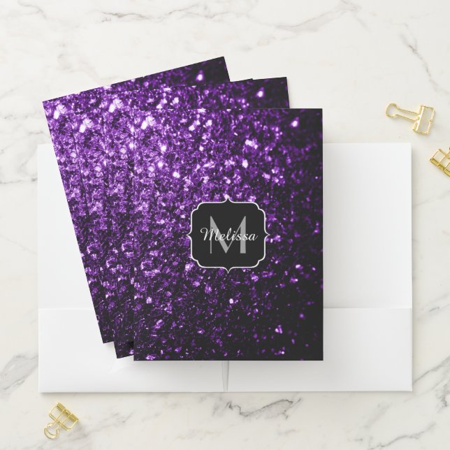 Dark Purple faux shiny glitter sparkles Monogram Pocket Folder (In Situ)