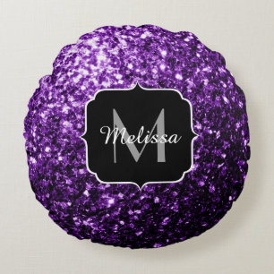 Dark Purple faux shiny glitter sparkles Monogram Round Pillow