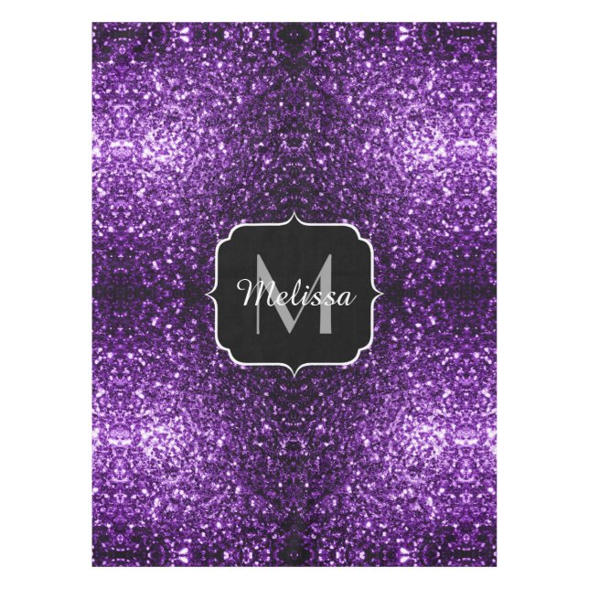 Dark Purple faux shiny glitter sparkles Monogram Tablecloth (Front)