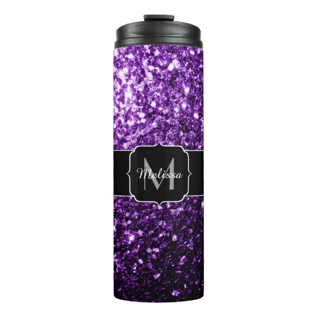 Dark Purple faux shiny glitter sparkles Monogram Thermal Tumbler (Front)