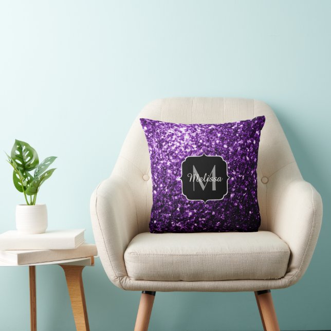Dark Purple faux shiny glitter sparkles Monogram Throw Pillow (Chair)