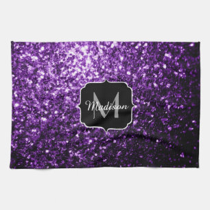 Dark Purple faux shiny glitter sparkles Monogram Towel