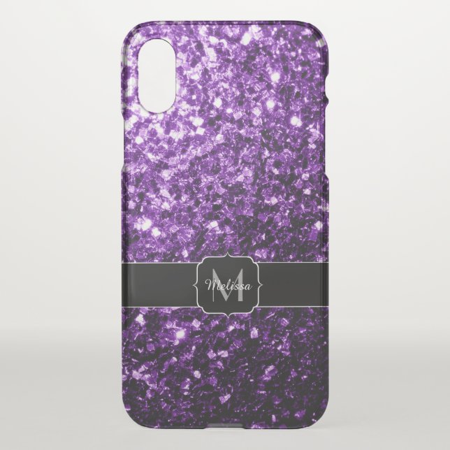 Dark Purple faux shiny glitter sparkles Monogram Uncommon iPhone Case (Back)
