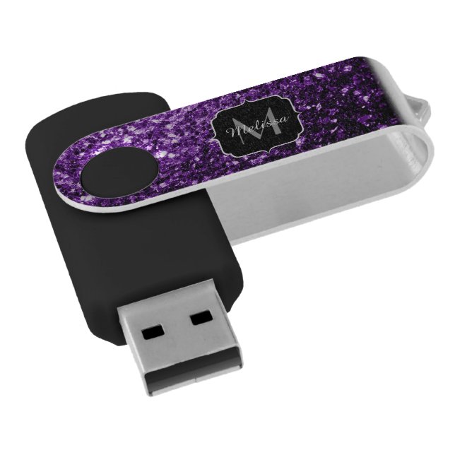 Dark Purple faux shiny glitter sparkles Monogram USB Flash Drive (Angled)