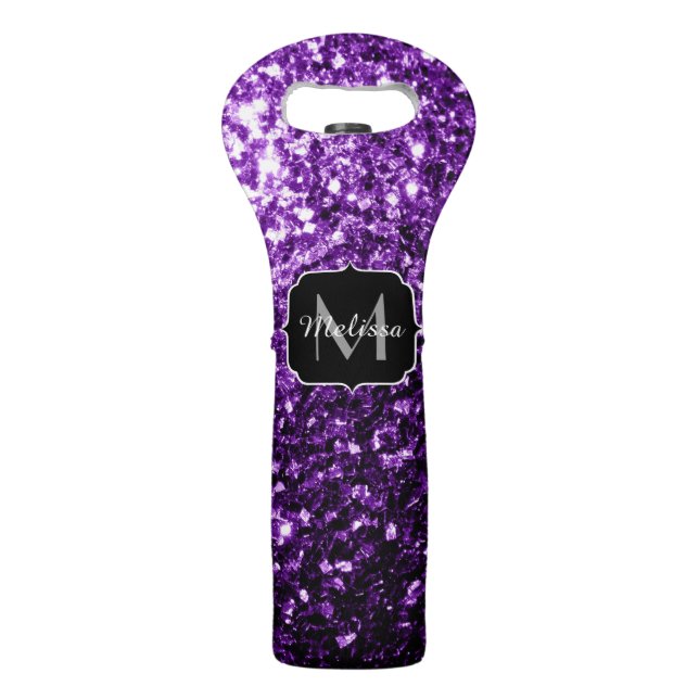 Dark Purple faux shiny glitter sparkles Monogram Wine Bag (Front)